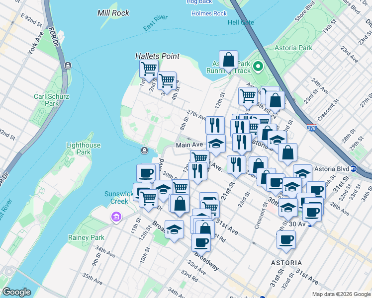 map of restaurants, bars, coffee shops, grocery stores, and more near 11-57 Welling Court in Queens