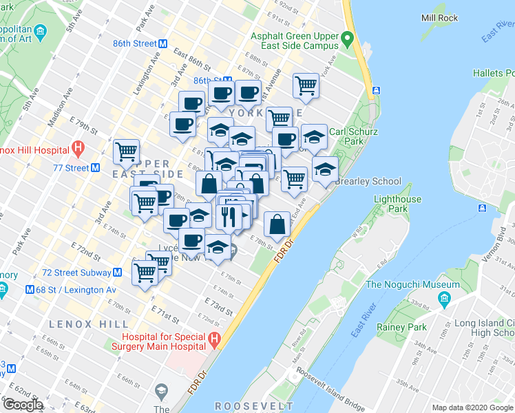 map of restaurants, bars, coffee shops, grocery stores, and more near 503 East 79th Street in New York