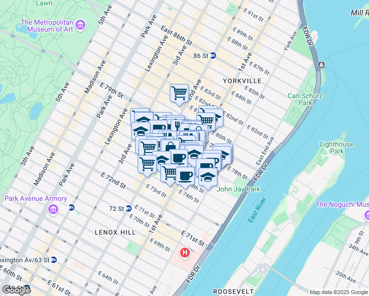 map of restaurants, bars, coffee shops, grocery stores, and more near 345 East 77th Street in New York