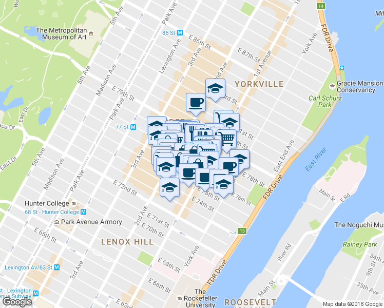map of restaurants, bars, coffee shops, grocery stores, and more near 339 East 77th Street in New York