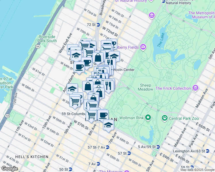 map of restaurants, bars, coffee shops, grocery stores, and more near 141 West 64th Street in New York