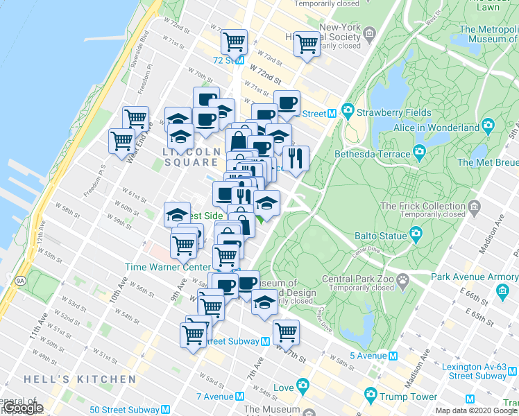 map of restaurants, bars, coffee shops, grocery stores, and more near 141 West 64th Street in New York