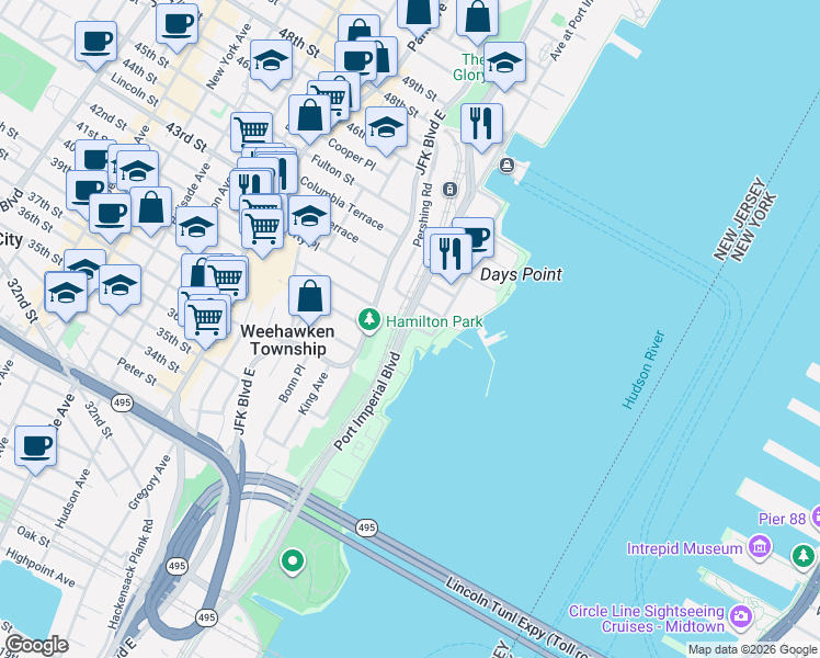 map of restaurants, bars, coffee shops, grocery stores, and more near 33 Regency Place in Weehawken