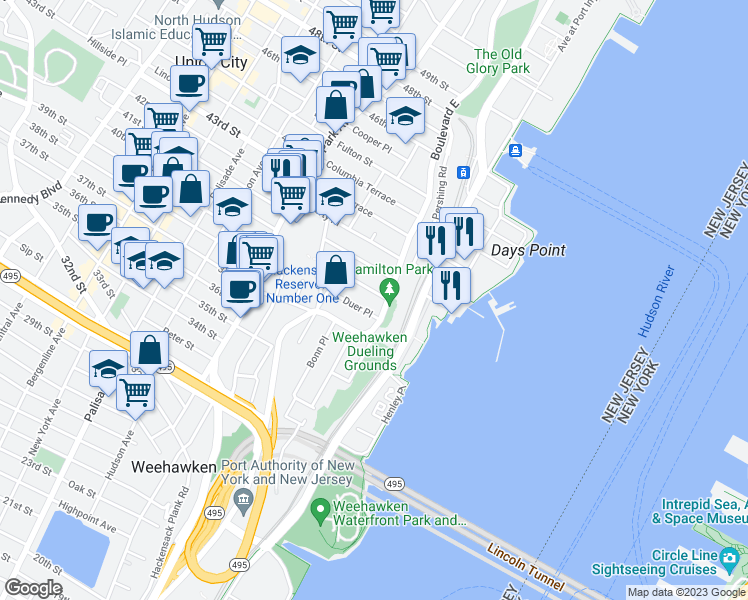 map of restaurants, bars, coffee shops, grocery stores, and more near in Weehawken