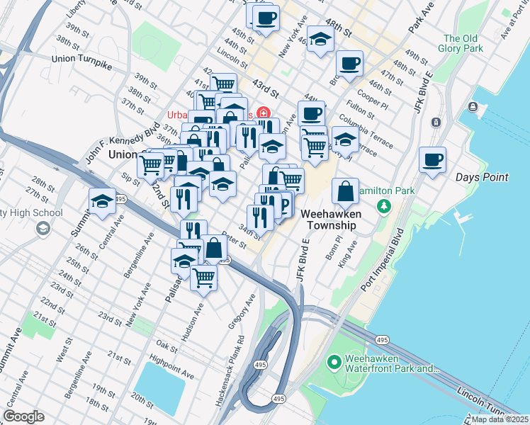 map of restaurants, bars, coffee shops, grocery stores, and more near 118 35th Street in Union City