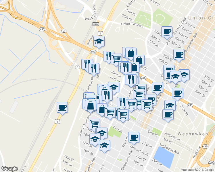 map of restaurants, bars, coffee shops, grocery stores, and more near 1301 26th Street in North Bergen