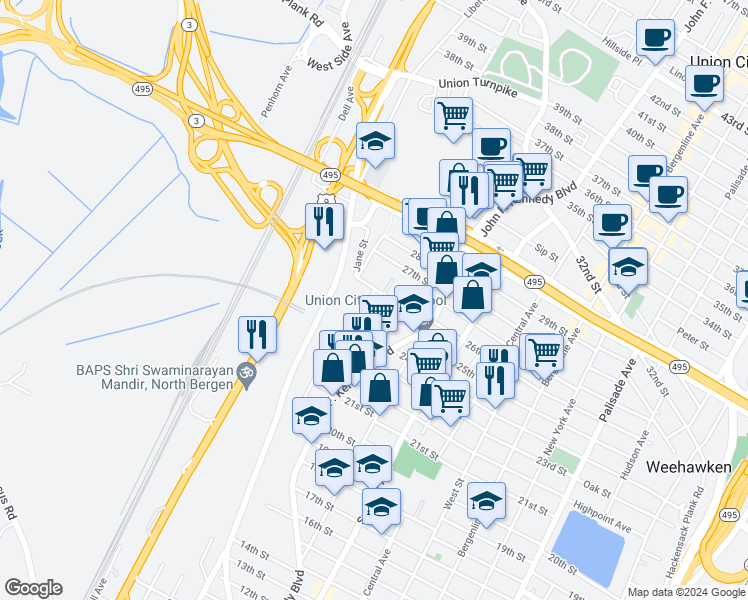 map of restaurants, bars, coffee shops, grocery stores, and more near 1301 26th Street in North Bergen