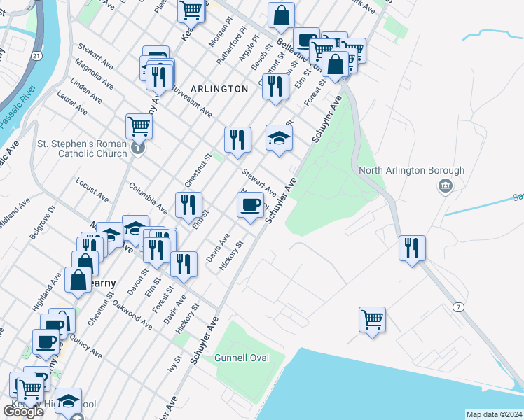 map of restaurants, bars, coffee shops, grocery stores, and more near 580 Davis Avenue in Kearny