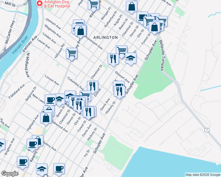 map of restaurants, bars, coffee shops, grocery stores, and more near 255 Laurel Avenue in Kearny