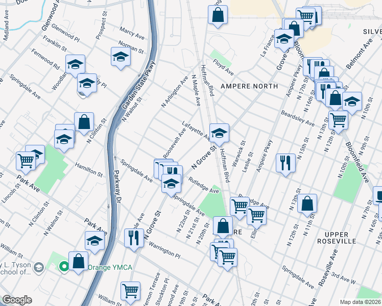 map of restaurants, bars, coffee shops, grocery stores, and more near 533 North Grove Street in East Orange