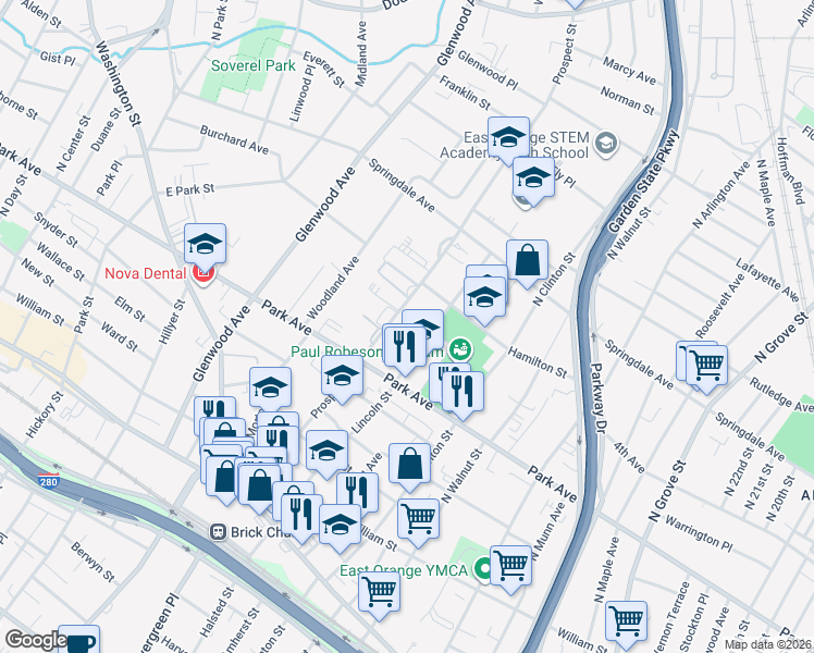 map of restaurants, bars, coffee shops, grocery stores, and more near 180 Lincoln Street in East Orange