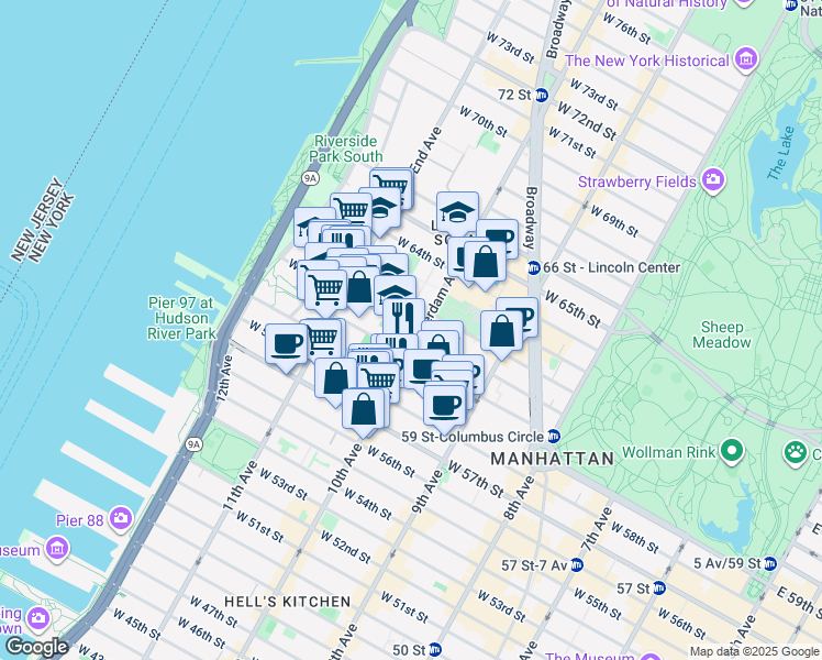 map of restaurants, bars, coffee shops, grocery stores, and more near 211 West 61st Street in New York