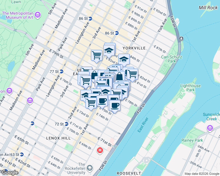map of restaurants, bars, coffee shops, grocery stores, and more near 1500 1st Avenue in New York