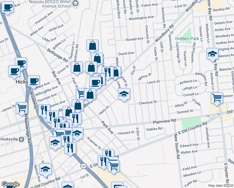 map of restaurants, bars, coffee shops, grocery stores, and more near 70 Center Street in Hicksville
