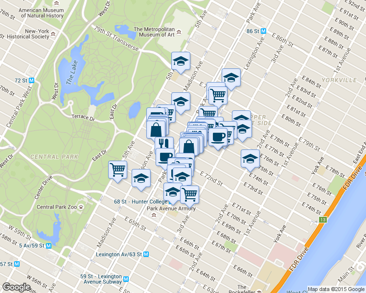 map of restaurants, bars, coffee shops, grocery stores, and more near 785 Park Avenue in New York