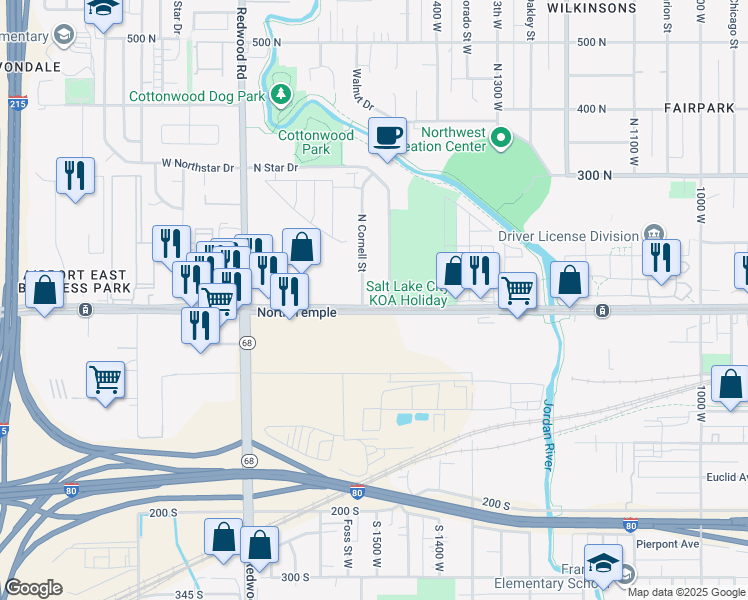 map of restaurants, bars, coffee shops, grocery stores, and more near 1490 West North Temple Street in Salt Lake City