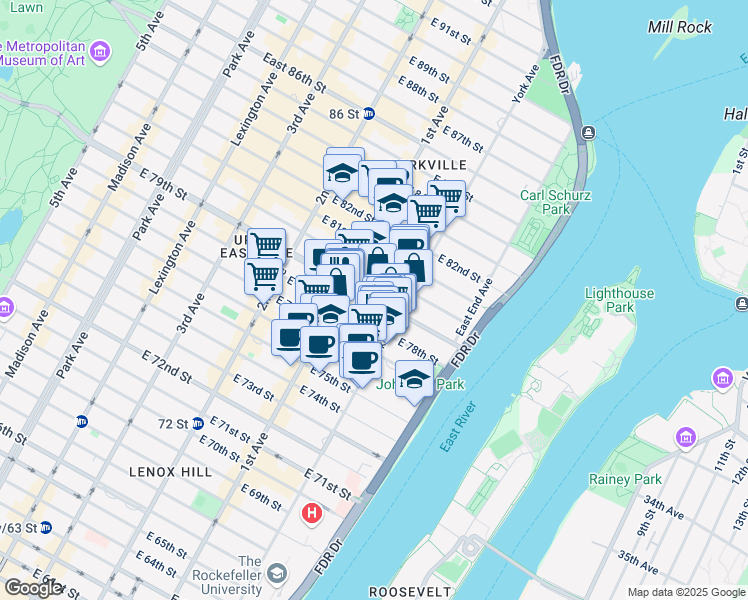 map of restaurants, bars, coffee shops, grocery stores, and more near 428 East 79th Street in New York