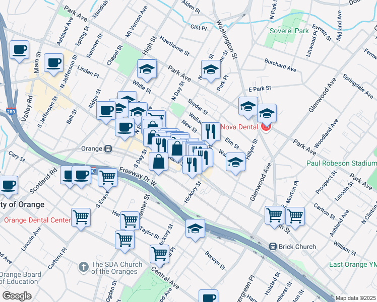 map of restaurants, bars, coffee shops, grocery stores, and more near 30 Canfield Street in City of Orange