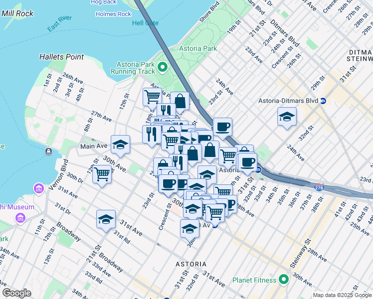map of restaurants, bars, coffee shops, grocery stores, and more near 2309 Astoria Boulevard in Queens