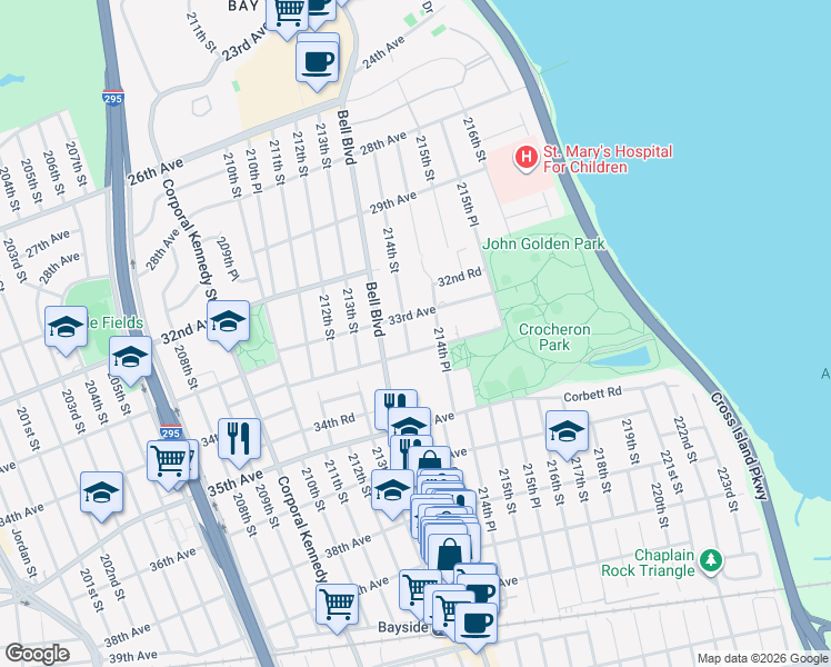map of restaurants, bars, coffee shops, grocery stores, and more near 214-07 33rd Road in Queens