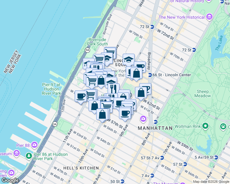 map of restaurants, bars, coffee shops, grocery stores, and more near 215 West 60th Street in New York