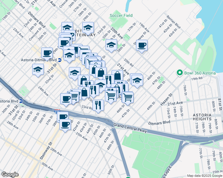 map of restaurants, bars, coffee shops, grocery stores, and more near Ditmars Blvd & 42nd St in Queens