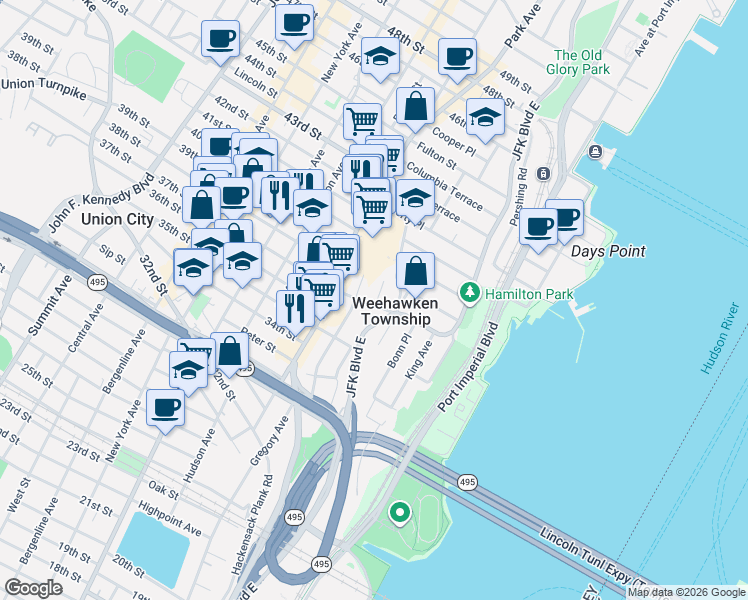 map of restaurants, bars, coffee shops, grocery stores, and more near 65 Highwood Terrace in Weehawken