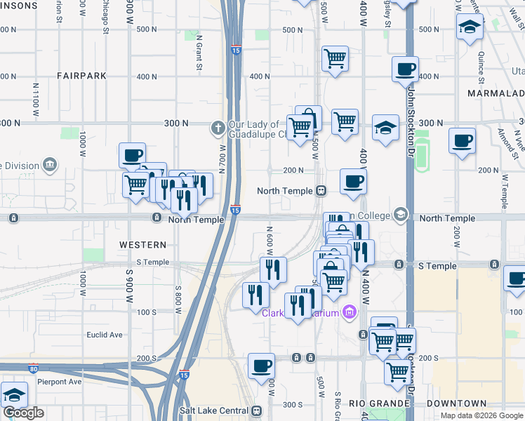 map of restaurants, bars, coffee shops, grocery stores, and more near in Salt Lake City