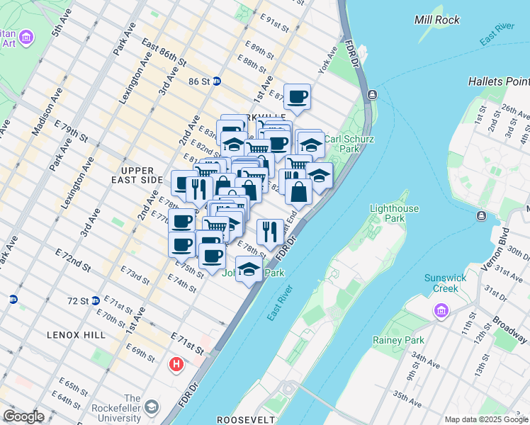 map of restaurants, bars, coffee shops, grocery stores, and more near 528 East 80th Street in New York