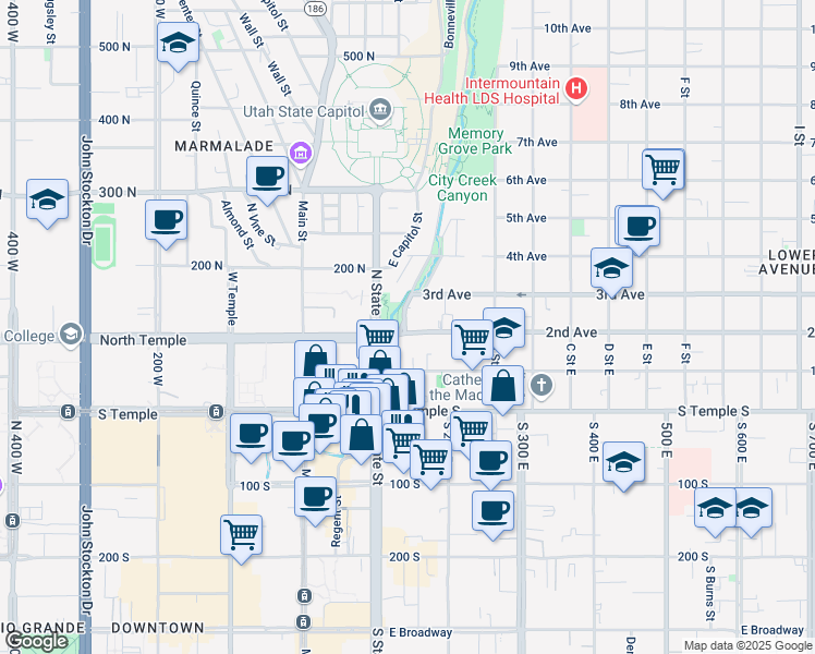 map of restaurants, bars, coffee shops, grocery stores, and more near 124 2nd Avenue in Salt Lake City