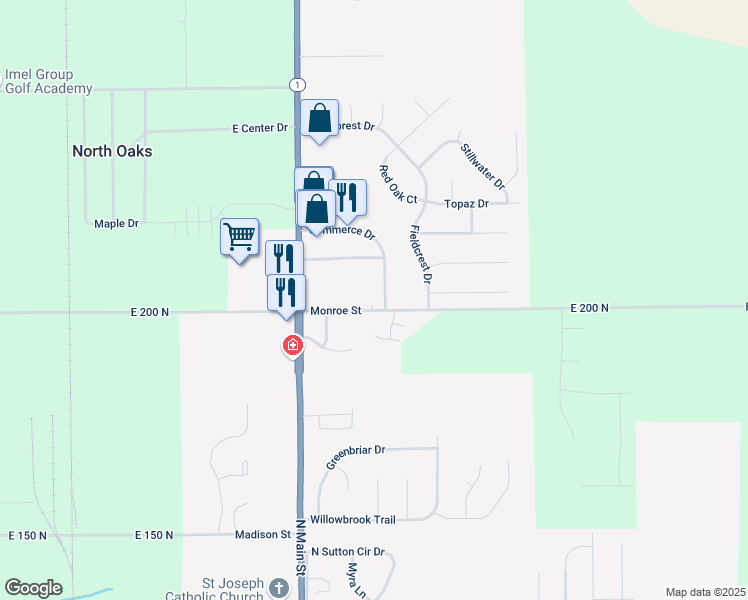 map of restaurants, bars, coffee shops, grocery stores, and more near 2030 Commerce Drive in Bluffton