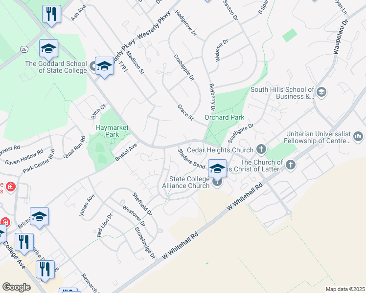 map of restaurants, bars, coffee shops, grocery stores, and more near 3101 Shellers Bend in State College