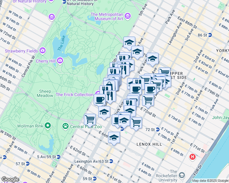 map of restaurants, bars, coffee shops, grocery stores, and more near 29 East 72nd Street in New York