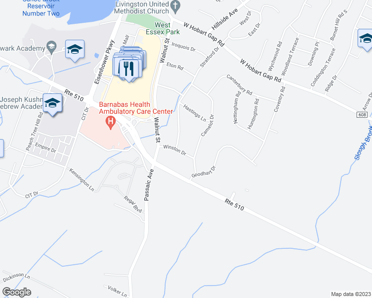 map of restaurants, bars, coffee shops, grocery stores, and more near 7 Winston Drive in Livingston