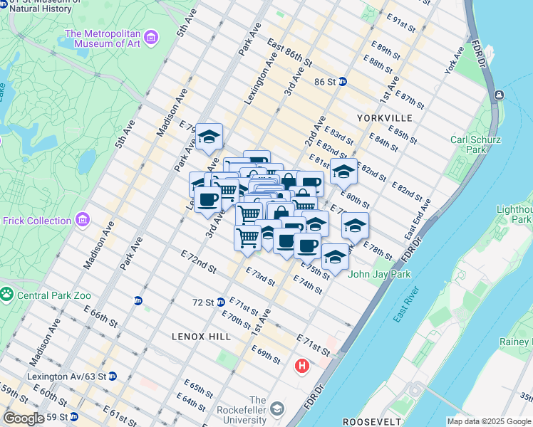 map of restaurants, bars, coffee shops, grocery stores, and more near 1475 2nd Avenue in New York