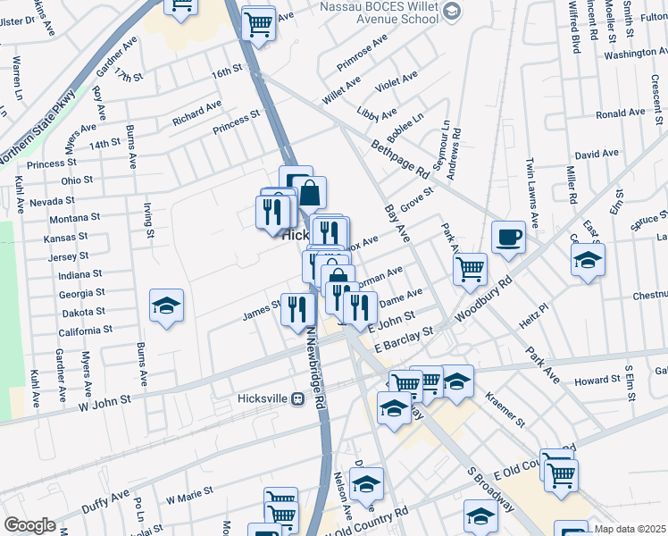 map of restaurants, bars, coffee shops, grocery stores, and more near 113 North Broadway in Hicksville