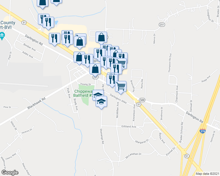 map of restaurants, bars, coffee shops, grocery stores, and more near 2537 Darlington Road in Beaver Falls
