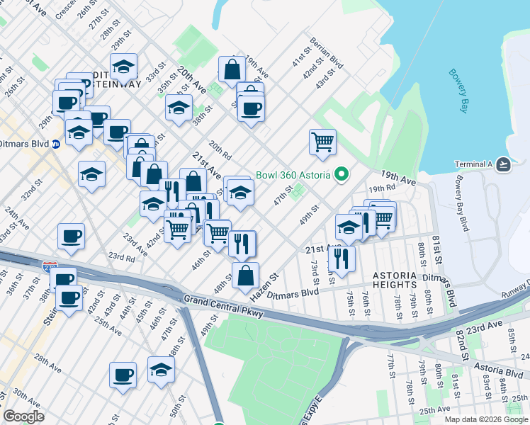 map of restaurants, bars, coffee shops, grocery stores, and more near 46-21 21st Avenue in Queens