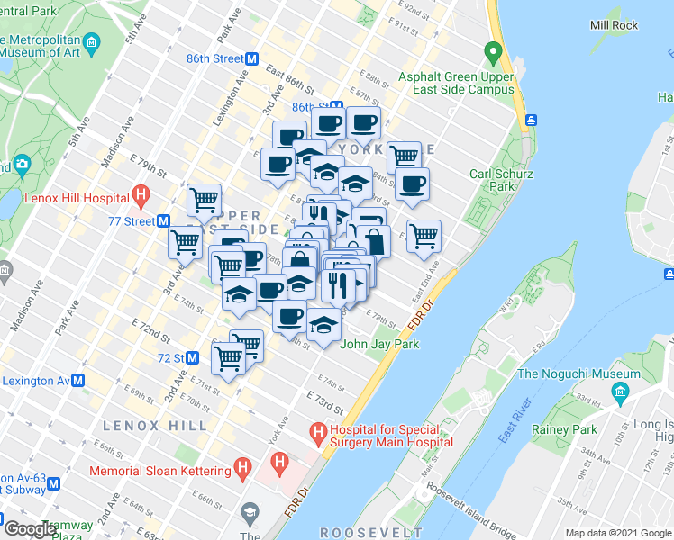 map of restaurants, bars, coffee shops, grocery stores, and more near 419 East 79th Street in New York