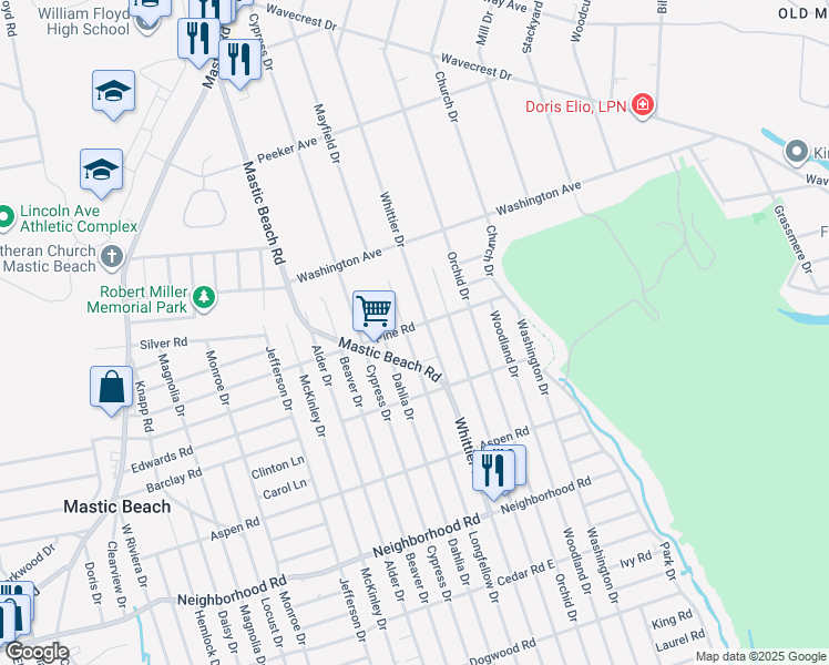 map of restaurants, bars, coffee shops, grocery stores, and more near 192 Whittier Drive in Mastic Beach