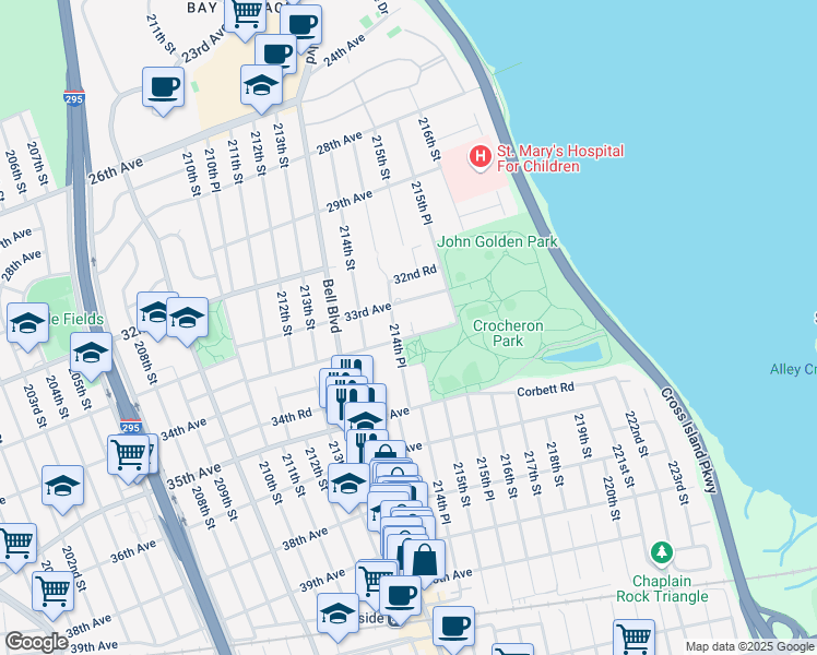 map of restaurants, bars, coffee shops, grocery stores, and more near 214-33 33rd Road in Queens