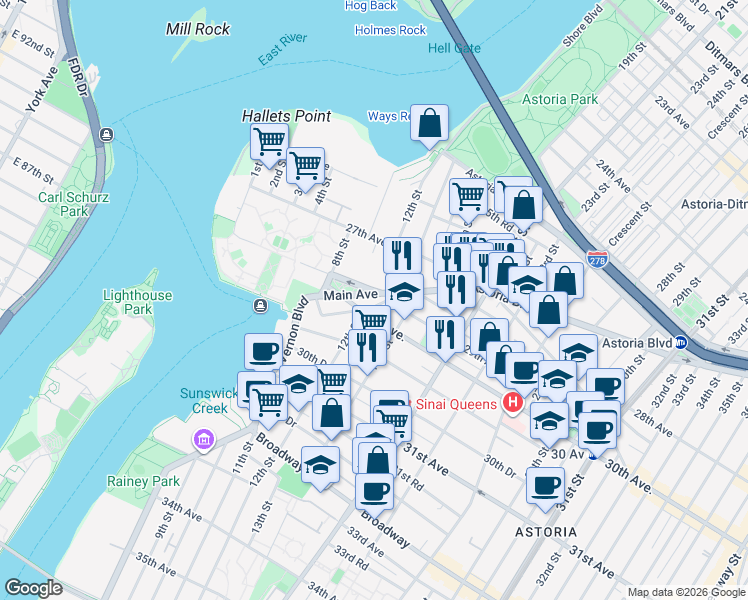 map of restaurants, bars, coffee shops, grocery stores, and more near 28-49 12th Street in Queens