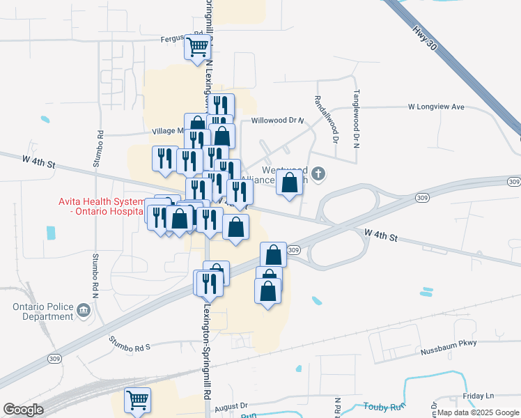 map of restaurants, bars, coffee shops, grocery stores, and more near 2048 West 4th Street in Ontario