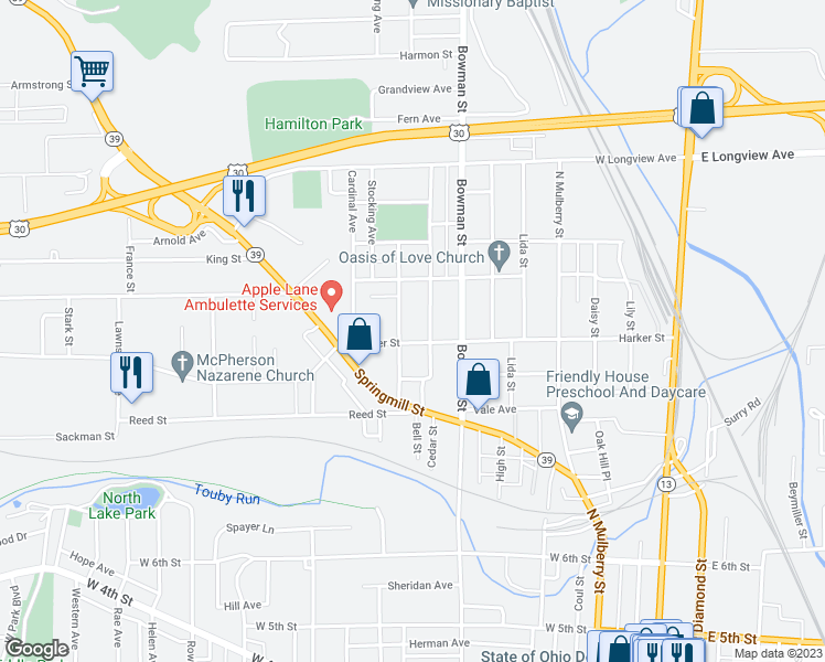 map of restaurants, bars, coffee shops, grocery stores, and more near 282 Harker Street in Mansfield