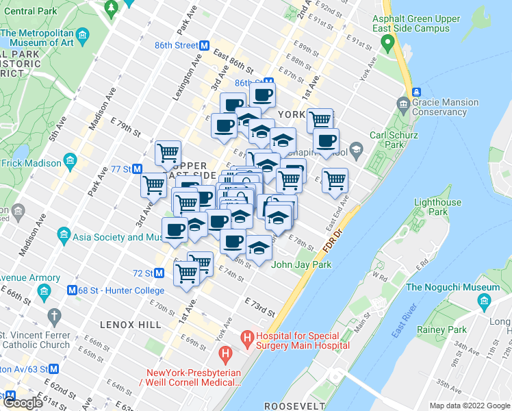 map of restaurants, bars, coffee shops, grocery stores, and more near 1483 1st Avenue in New York
