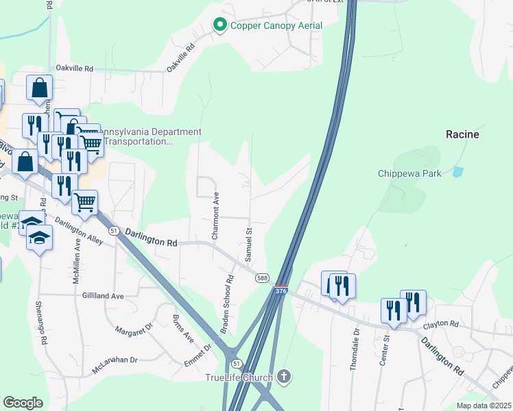 map of restaurants, bars, coffee shops, grocery stores, and more near 144 Samuel Street in Beaver Falls