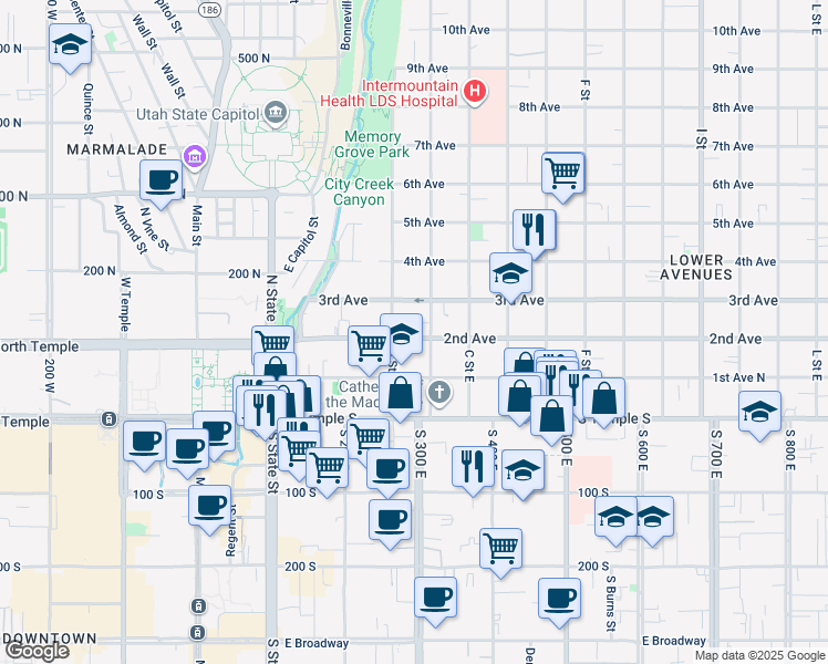 map of restaurants, bars, coffee shops, grocery stores, and more near in Salt Lake City