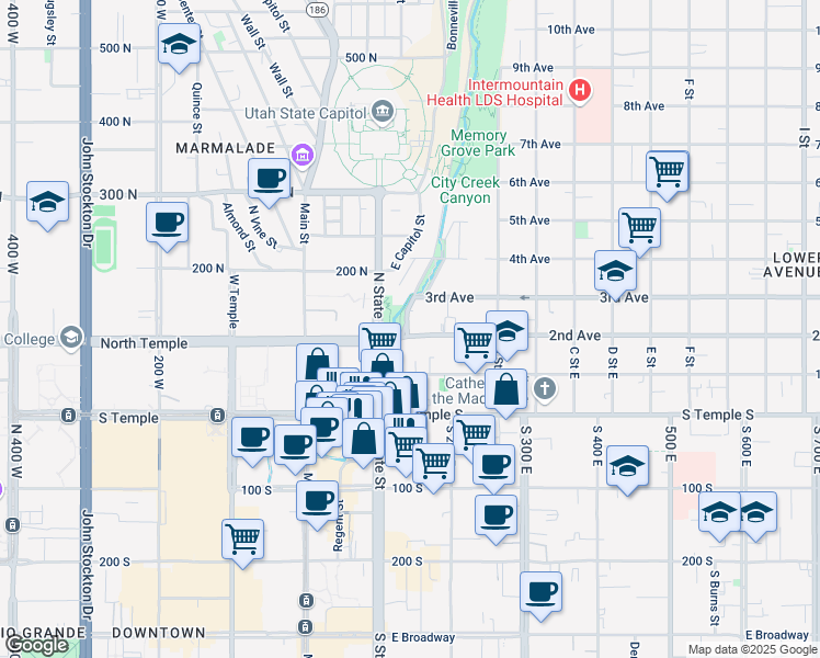map of restaurants, bars, coffee shops, grocery stores, and more near 124 2nd Avenue in Salt Lake City