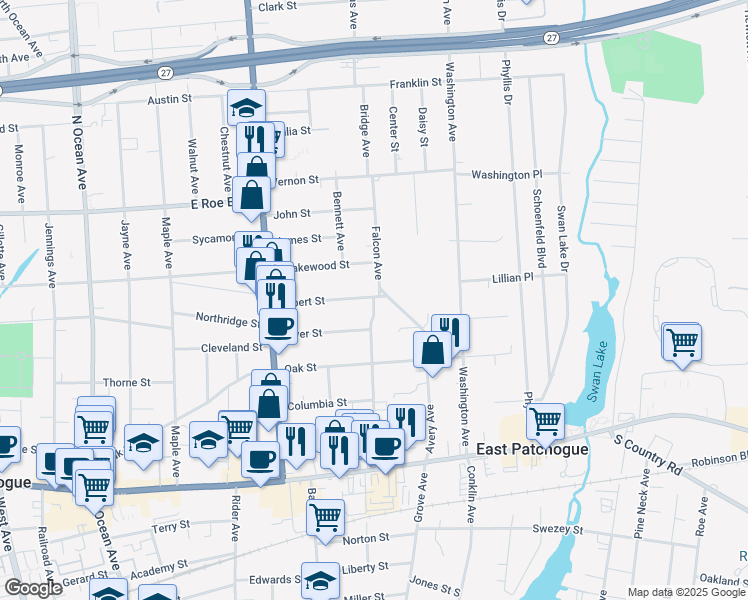map of restaurants, bars, coffee shops, grocery stores, and more near 106 Case Avenue in Patchogue