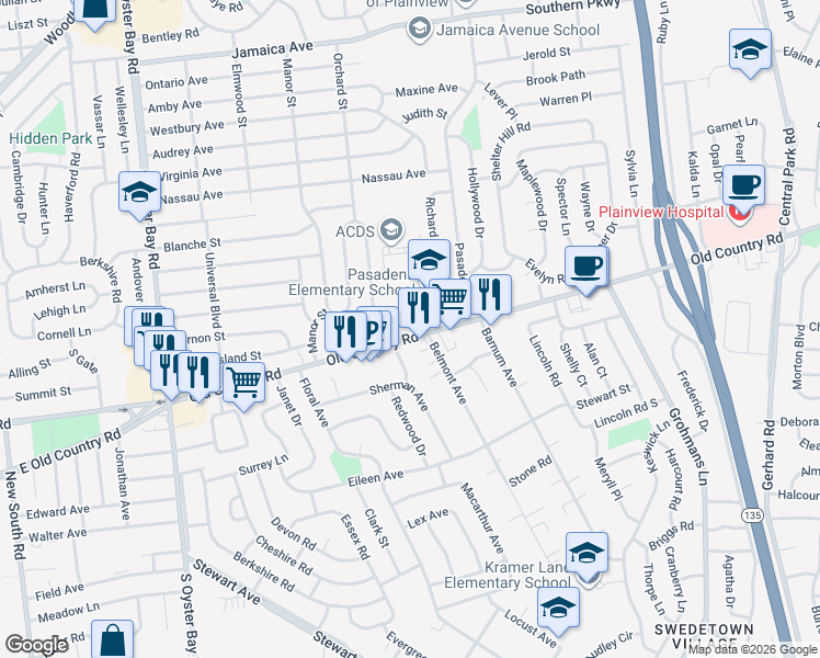map of restaurants, bars, coffee shops, grocery stores, and more near 633 Old Country Road in Plainview